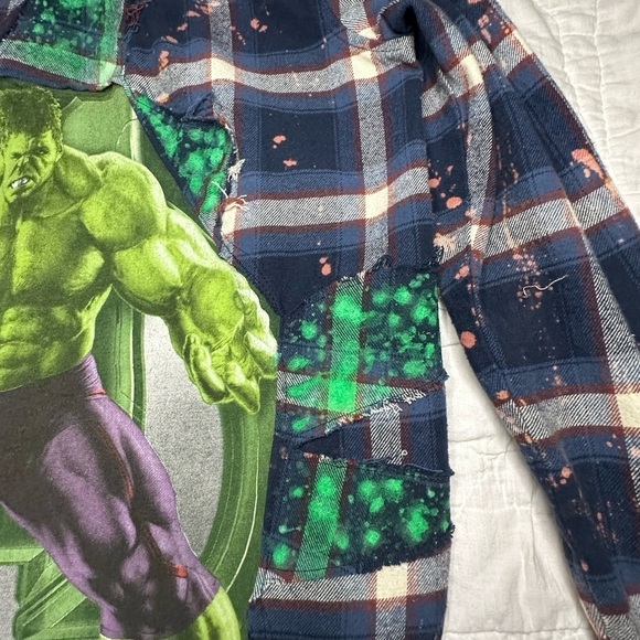 Hulk Marvel Upcycle wrangler flannel bleach distressed - Picture 7 of 11